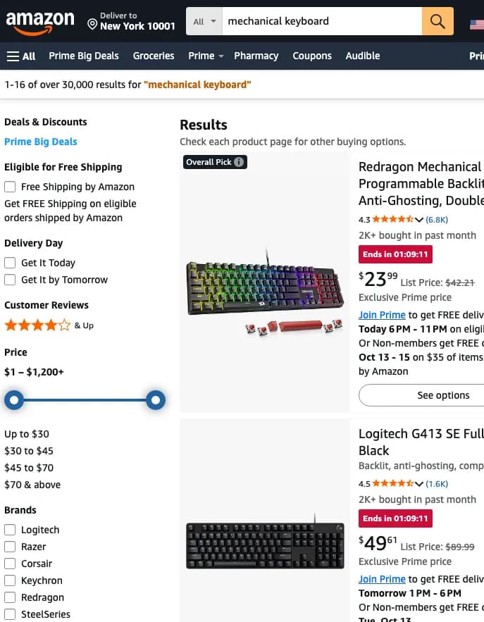 Amazon search results for mechanical keyboards